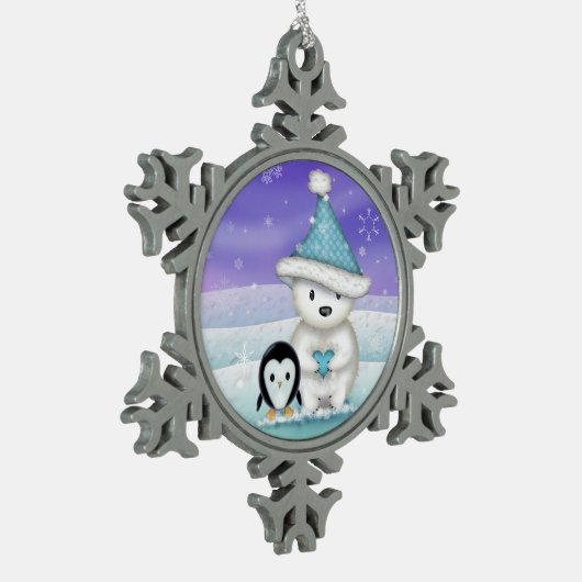Schattige Polar Beer en Pinguïn Tin Sneeuwvlok Ornament (Links)
