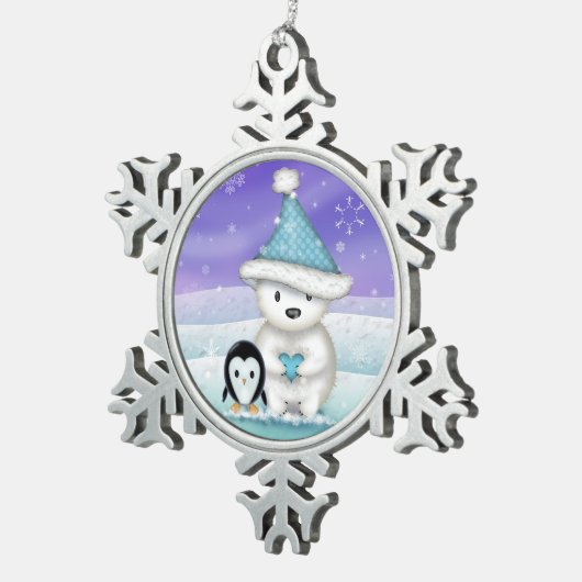 Schattige Polar Beer en Pinguïn Tin Sneeuwvlok Ornament (Rechts)