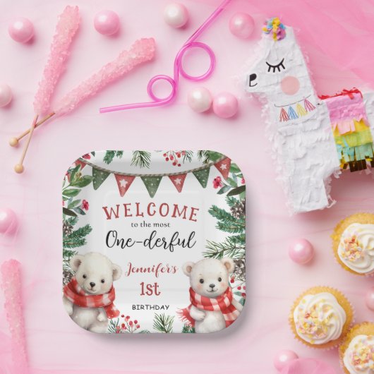 Schattige Polar Beer Kerst 1e verjaardag Papieren Bordje (Feest)