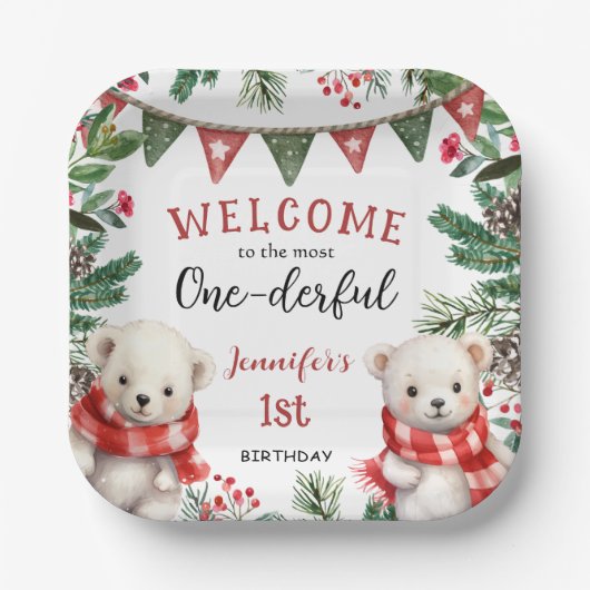 Schattige Polar Beer Kerst 1e verjaardag Papieren Bordje (Voorkant)