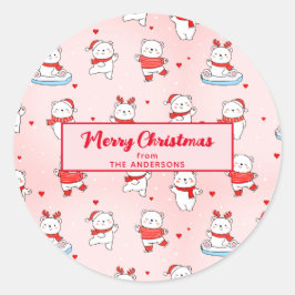 Schattige Polar Beer Kerst Naadloos Patroon Roze Ronde Sticker