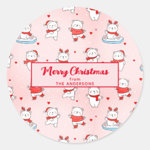 Schattige Polar Beer Kerst Naadloos Patroon Roze Ronde Sticker