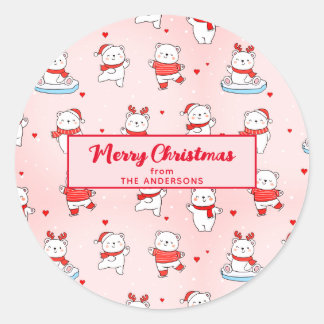 Schattige Polar Beer Kerst Naadloos Patroon Roze Ronde Sticker
