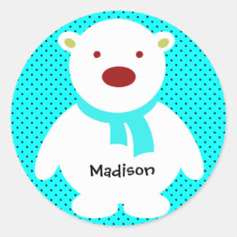 Schattige Polar Beer op Aqua, Naam toevoegen Ronde Sticker