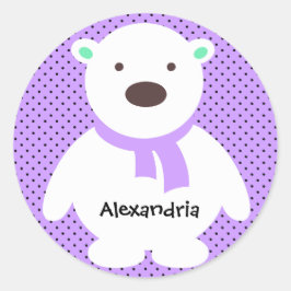 Schattige Polar Beer op Lila, Naam toevoegen Ronde Sticker