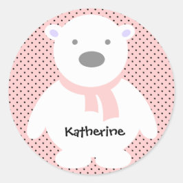 Schattige Polar Beer op Roze, Naam toevoegen Ronde Sticker