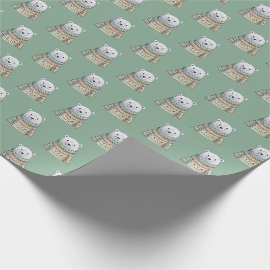 Schattige Polar Beer op Sage Green Christmas Patte Cadeaupapier (Hoek)
