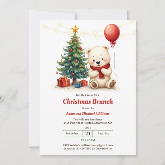 Schattige Polar Beer Rood en Wit Kerstbrunch Kaart (Voorkant)