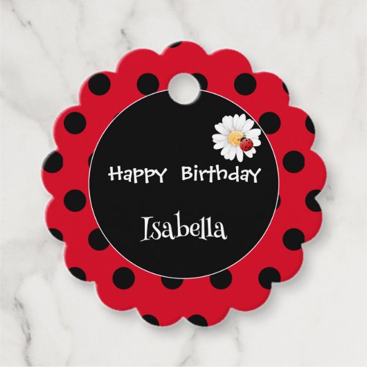 Schattige Polka dot Ladybug Daisy Flower Verjaarda Bedankjes Labels (Voorkant)
