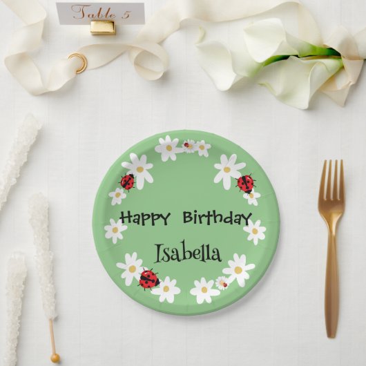 Schattige Polka dot Ladybug Daisy Flower Verjaarda Papieren Bordje (Huwelijk)