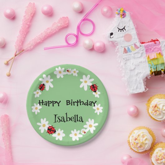 Schattige Polka dot Ladybug Daisy Flower Verjaarda Papieren Bordje (Feest)