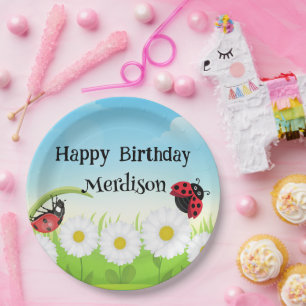 Schattige Polka dot Ladybug Daisy Flower Verjaarda Papieren Bordje