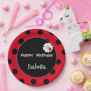 Schattige Polka dot Ladybug Daisy Flower Verjaarda Papieren Bordje