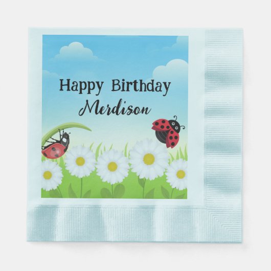 Schattige Polka dot Ladybug Daisy Flower Verjaarda Servet (Voorkant)