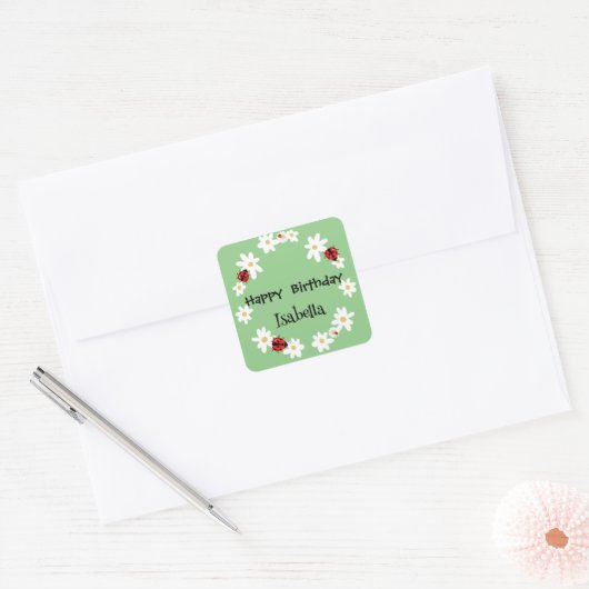 Schattige Polka dot Ladybug Daisy Flower Verjaarda Vierkante Sticker (Envelop)