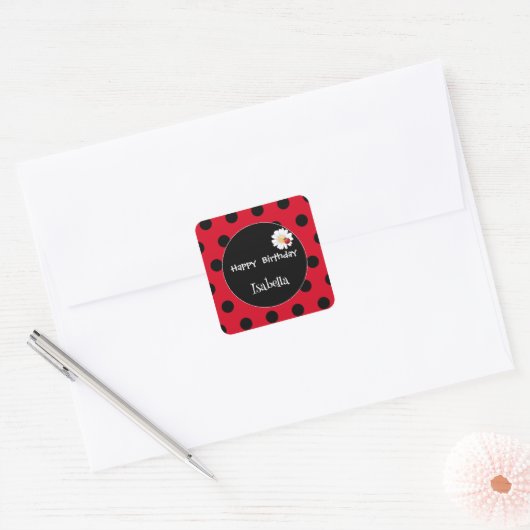Schattige Polka dot Ladybug Daisy Flower Verjaarda Vierkante Sticker (Envelop)