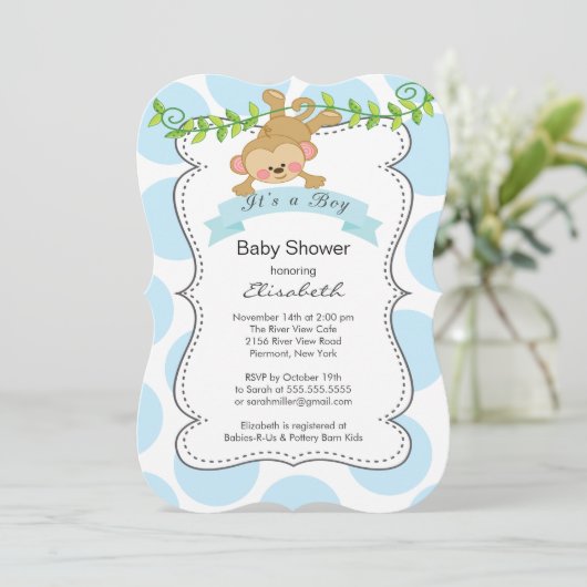 Schattige Polka Dots & Monkey boy Baby shower Kaart (Staand voorkant)