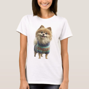 Schattige Pomeraanhond in Kleurig Gebreid T-shirt