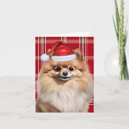 Schattige Pomeranian Kerstman Hond Rood Wit Geruit Feestdagen Kaart
