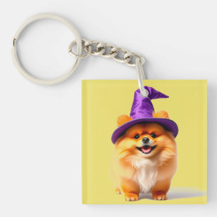 Schattige Pomeranian Puppy met Heksenhoed Sleutelhanger