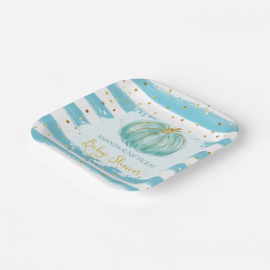 Schattige pompoen blauw strepen Baby shower Papieren Bordje (Gebogen)