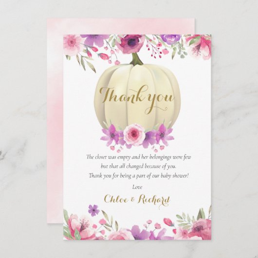 Schattige Pompoen Bloem Roze Baby Shower Gedicht B Bedankkaart (Voorkant / Achterkant)