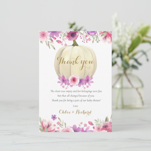 Schattige Pompoen Bloem Roze Baby Shower Gedicht B Bedankkaart (Staand voorkant)