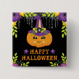 Schattige Pompoen Bloemig Gelukkig Halloween Vierkante Button 5,1 Cm