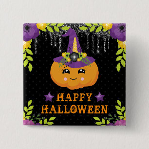 Schattige Pompoen Bloemig Gelukkig Halloween Vierkante Button 5,1 Cm
