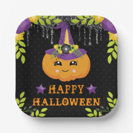 Schattige Pompoen Bloemige Gelukkig Halloween Papieren Bordje