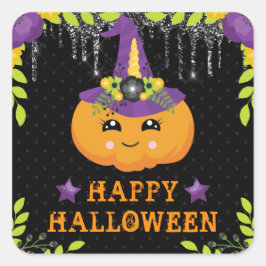 Schattige Pompoen Bloemige Gelukkig Halloween Vierkante Sticker