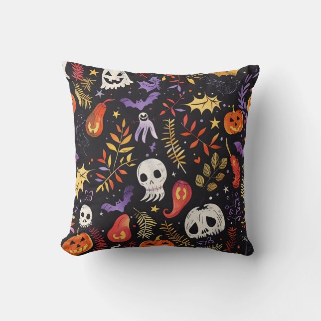 Schattige pompoen- en schedelpatroon kussen (Voorkant)