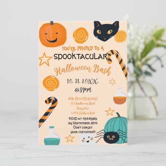 Schattige Pompoen Kat Snoep Halloween Bash Custom Kaart (Staand voorkant)