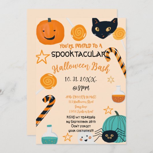 Schattige Pompoen Kat Snoep Halloween Bash Custom Kaart (Voorkant / Achterkant)