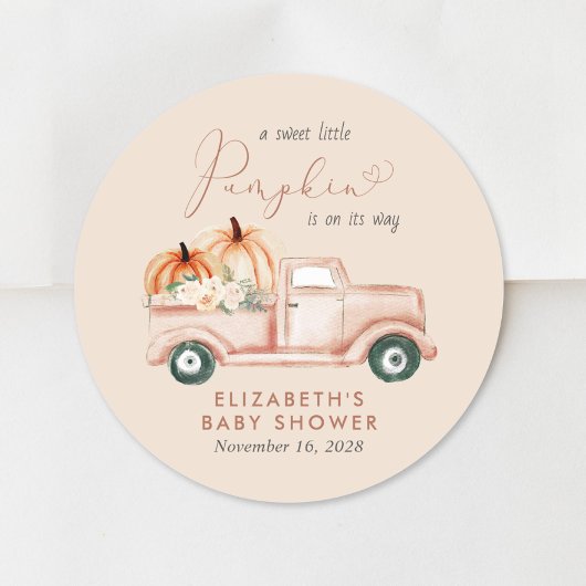 Schattige pompoen  vrachtwagen Baby shower Ronde Sticker