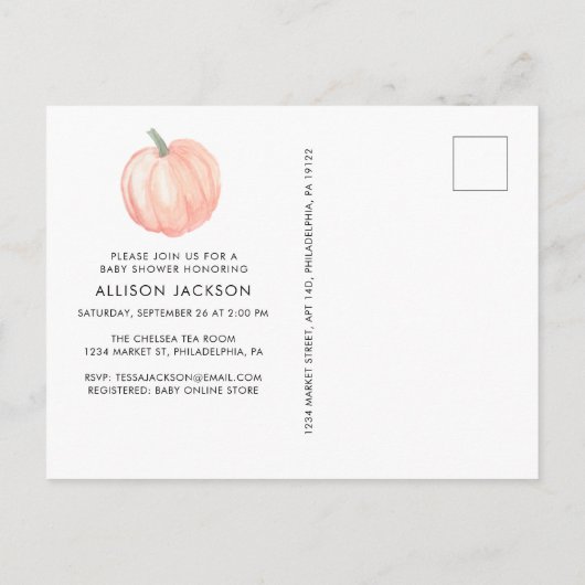 Schattige pompoen Waterverf Baby shower Uitnodiging Briefkaart (Achterkant)