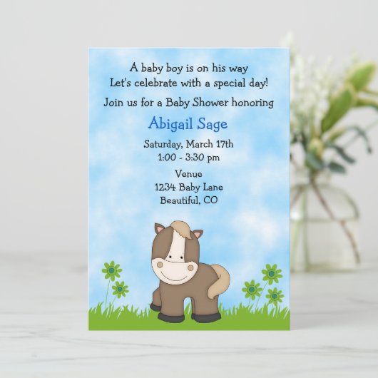 Schattige Pony Baby shower voor jongens Kaart (Staand voorkant)