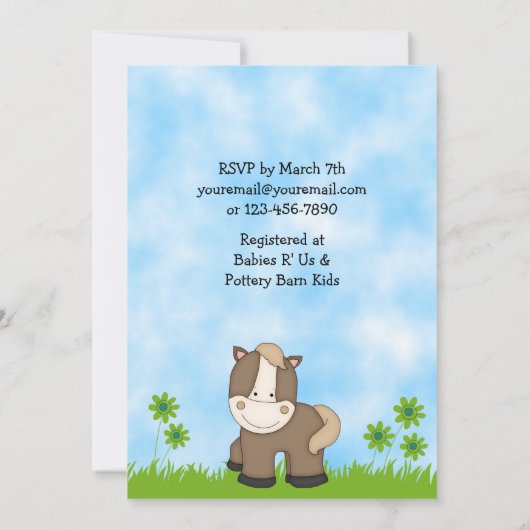 Schattige Pony Baby shower voor jongens Kaart (Achterkant)