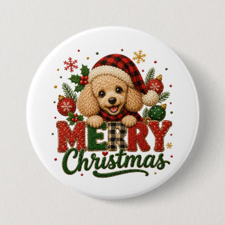 Schattige Poodle Prettig Kerstfeest Ronde Button 7,6 Cm