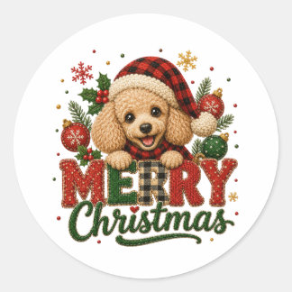 Schattige Poodle Prettig Kerstfeest Ronde Sticker
