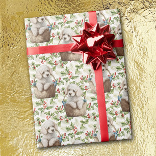 Schattige Poodle Puppy in Mand Christmas Hulst Cadeaupapier