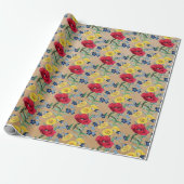 Schattige  Poppy Daisy Floral Kraft Cadeaupapier (Uitgerold)