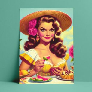 Schattige  Portretolie Schilderij Pin-up Briefkaart