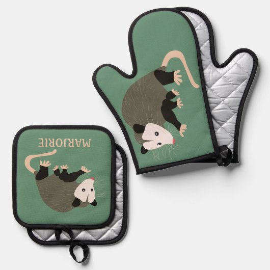 Schattige Possum op Groen Gepersonaliseerd Ovenwant & Pannenlap Set (Voorkant / Achterkant)