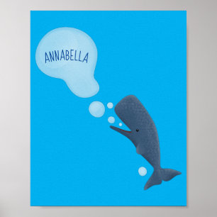 Schattige potvis die bellen blaast cartoon poster