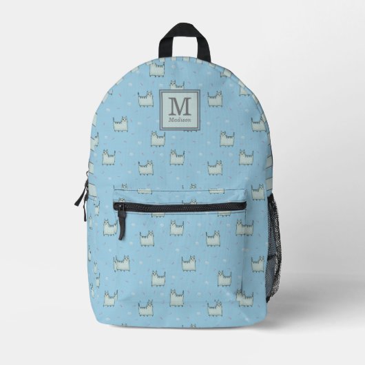 Schattige Powder Blue Cats Pattern met Monogram Bedrukte Rugzak (Voorkant)