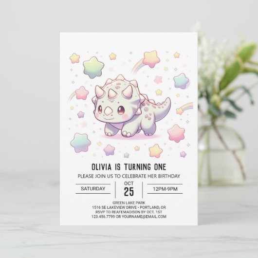 Schattige Pret Dinosaurus 1e Verjaardag Kaart (Staand voorkant)