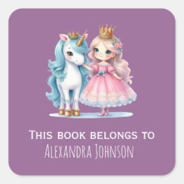 Schattige Princess & Eenhoorn Lavendel Kinder labe Vierkante Sticker