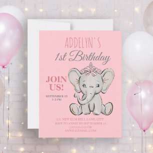 Schattige Prinses Olifant Kleine Meisje 1e Verjaar Kaart