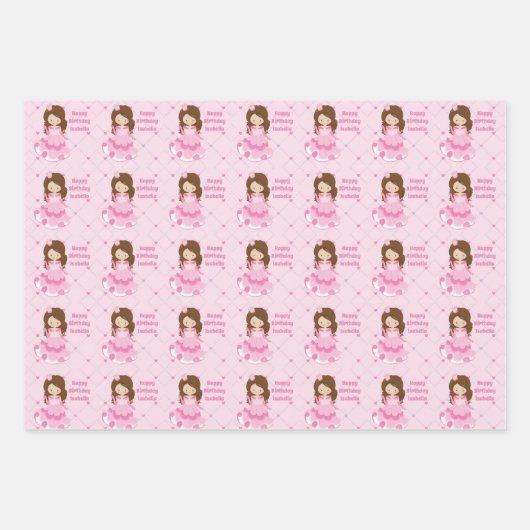 Schattige Prinses Verjaardag Roze Gepersonaliseerd Inpakpapier Vel (Voorkant 3)